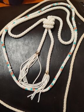 Elegant White Beaded Lariat Necklace with Turquoise & Rose Accents